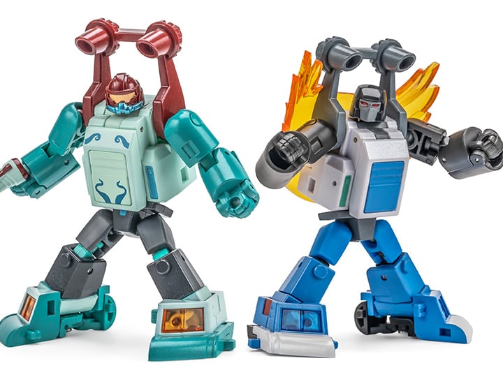 NA H61 Btekelili & H61 Famsterdamned are miniature vehicles by Newage that are able to convert into battle robots. Standing about 2 inches tall in robot mode, these figures come armed with blasters and feature multiple points of articulation