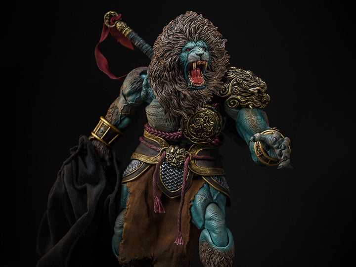 Stripped of its armor, the figure's agility is unencumbered; clad in it, the figure stands invulnerable to the onslaught of blades. Cloaked in a wired fabric cape for daily guise, it serves to divert prying eyes. The Cyan Lion action figure continues the use of the bio textured approach to ensure the transparency of the skin texture, with the use of the exclusive air cushion gear joints for the body ensuring durability at critical joints such as the elbows, knees, and ankles.