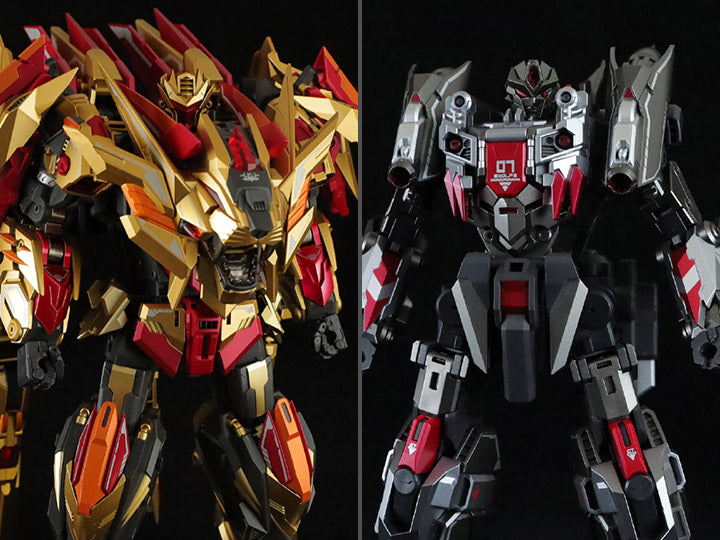 Next up in the Cang-Toys' transforming figure series are CT-Chiyou-04 Kinglion and CT-Chiyou-07 Dasirius! Kinglion transforms from a robot to a lion, while Dasirius transforms from a robot to a wolf. The set also comes with 2 cannons, an axe, and several other accessories.
