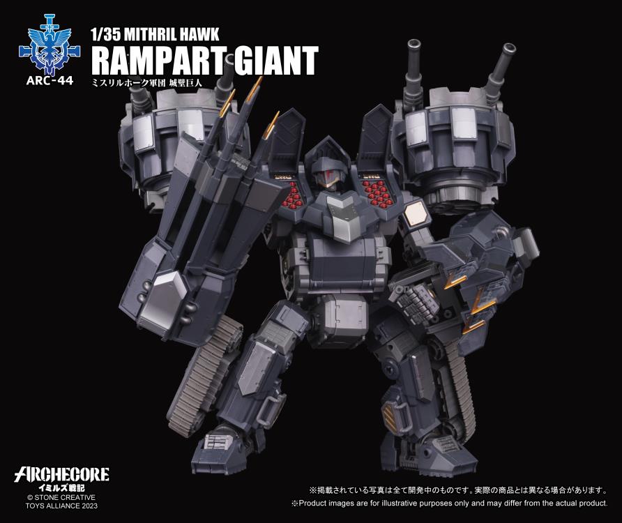 While the Kingdom of Veck places great importance on the versatility of the human form in an Arche-Ymirus mech, the Republic of Karsten’s version of a fortification-type Arche-Ymirus mech, the Rampart Titan, is a mobile fortress.
To catch up in the Arche-Ymirus mech arms race, the Republic of Karsten enacted the “Eagle's Blood Act” to plunder Arche ruins. The act is executed by the Magistrate Narcissus who can deploy elite forces and state-of-the-art technology. The goal was to amass resources early to bui