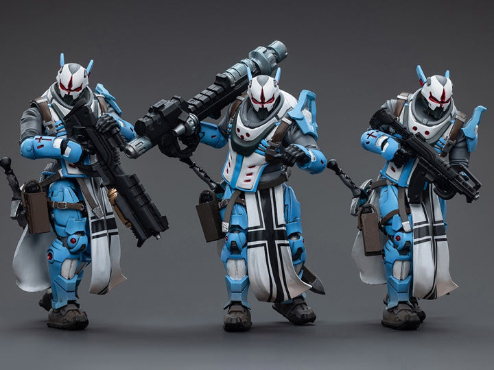 The Joy Toy Infinity Corvus Belli PanOceania Teutonic Knights set is perfect for collectors and fans of the Infinity universe, as well as those who appreciate high-quality action figures. With the impressive level of detail and articulation, these action figures are must-haves for any serious collector or fan.