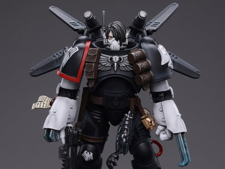 Masters of stealth and guerilla warfare, the Raven Guard chapter of Space Marines works covertly to support the Emperor. Patient and cunning to a fault, they overwhelm their opponents through shocking speed with devastating accuracy. Each figure typically includes interchangeable hands and weapon accessories and stands between 4" and 6" tall.