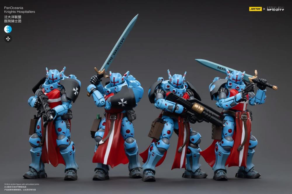 Joy Toy brings to the table a new series of figures, inspired after the tabletop wargame Infinity, published by Corvus Belli. These highly detailed 1/18 scale figures stands just over 4 inches tall and come equipped with an arsenal of interchangeable parts and weapons. Add the PanOceania Knights Hospitaller set of 4 figures, along with other separately sold Infinity figures by Joy Toy, to your collection and build up your army for battle!
