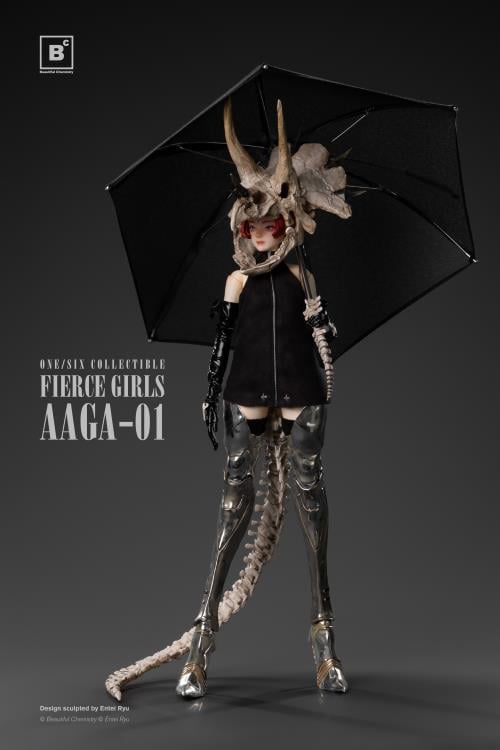Beautiful Chemistry and artist Entei Ryu have teamed up to create the Fierce Girls Series Bone Girl (Triceratops) 1/6 scale figure. The figure features a woman wearing a black mini-dress, black elbow-length gloves, as well as a triceratops skull and a long bone tail. She is also wearing thigh-length silver armored boots and comes with a bone-handled umbrella, metal chain and dinosaur charms.