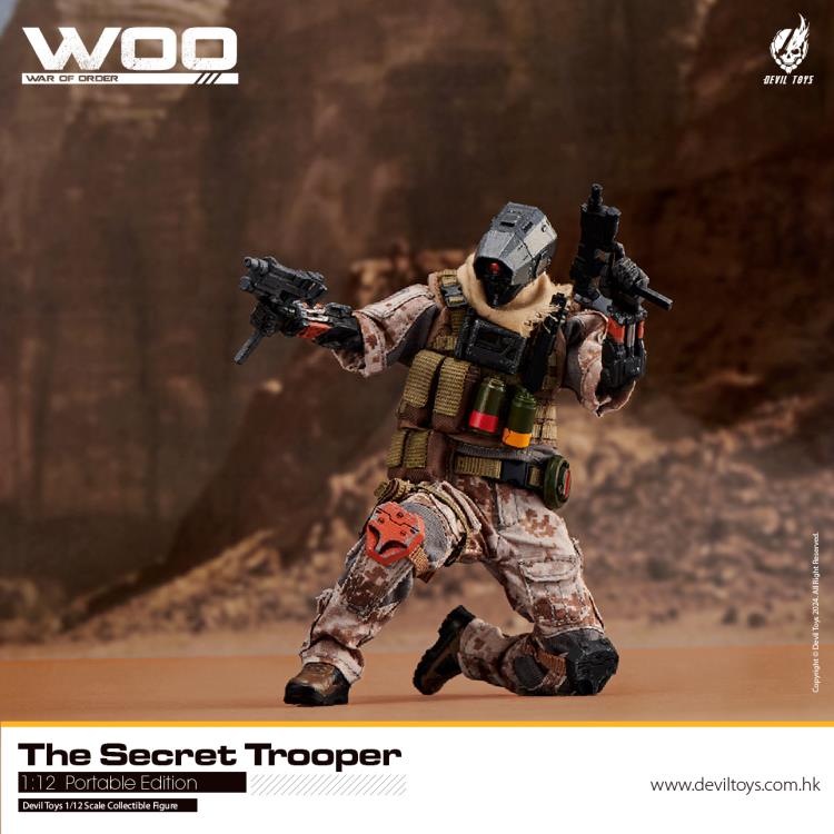 From Devil Toys comes a new line of War of Order figures, this time in 1/12 scale. This Secret Trooper action figure is decked out in a brown camo outfit with tactical armor, including knee armor, a bulletproof vest, and a scarf. The figure comes with a tactical belt, smoke grenades, a knife, a pair of machine pistols, and an assault rifle. Secret Master figure shown not included (sold separately)