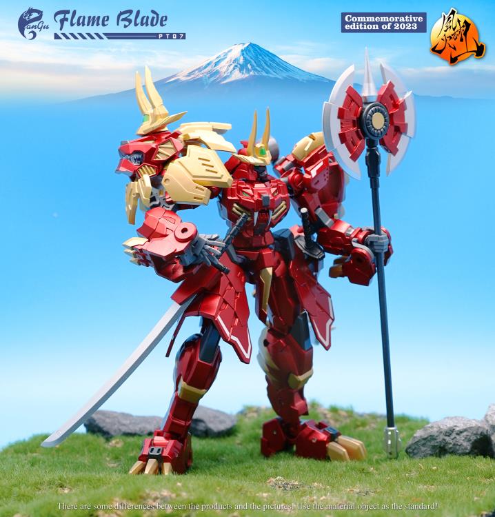 The PT-07 Flame Blade figure presents as a commemorative edition of 2023 from Pangu Toys and can convert from a robot to a lion! Standing just under 6 inches tall, Flame Blade comes with several interchangeable parts and accessories for an even greater arrangement of display opportunities.
