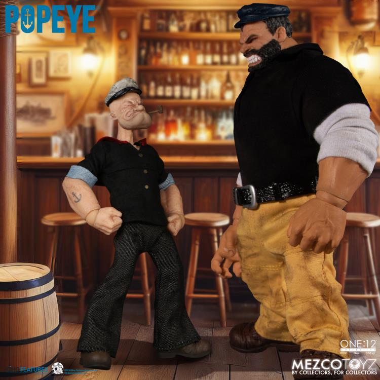 The One:12 Collective Popeye figure includes two masterfully crafted head portraits: a stern stare and a salty glare. Authentically presented in his classic sailor clothing and a removable pea coat, Popeye comes complete with a wide range of accessories including: a functional drawstring duffle bag, a collapsible spy glass, a compass with hinged lid, two spinach cans, three different hats, and two styles of corncob pipes.