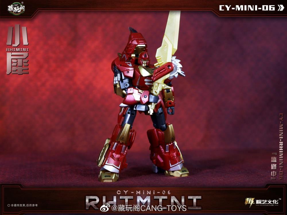 The CY-Mini-06 Rhimini converts into a rhino-like creature from a robot and forms the leg of a mini combining figure. Rhimini stands about 3.75 inches tall in robot mode and comes with a blaster and sword for weapons. CT-Chiyou-06 Hugerhino and other figures shown not included (sold separately)
