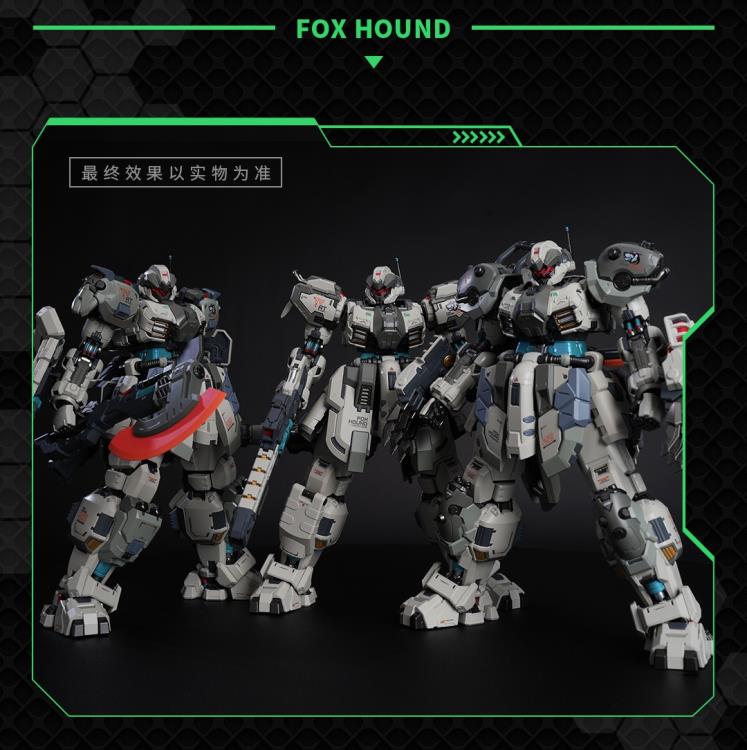 MoShow Toys presents the next line of figures in the Illustrious Class of their Progenitor Effect series of unique mecha action figures: Team Foxhound! 
The Team Foxhound set includes three variations of the Butcher mecha: Standard, Melee, and Breaker.
The standard version features a shield, beam assault rifle, and a rocket launcher. The breaker version features a heavy shock baton, a beam assault rifle, a pair of assault shields, and a thermal battle axe. The melee version features a pair of combat claws