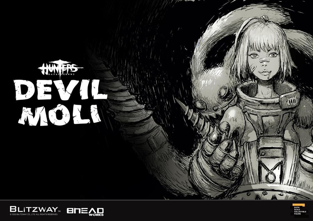 'BLITZWAY is thrilled to share the official launch of the 5th character of BHEADworks’ original figures, ‘Devil Moli’ from ‘HUNTERS: Day After WWIII.’ BHEADworks (Artist Yeon-gyun, Jung) has been loved for its original character design based on the dystopian worldview. The fifth heroine, Devil Moli, is a combat girl who decorates her cute visual like a scary gatekeeper and sensibly notices when an enemy approaches and sends a cue sign with a whistle.