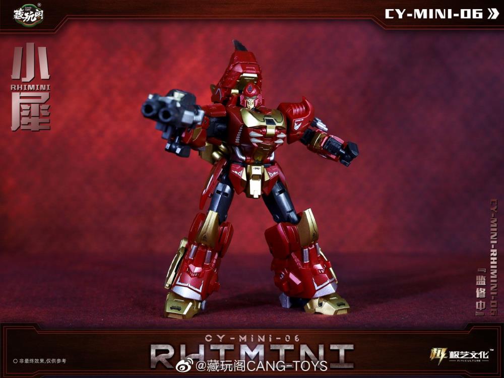 The CY-Mini-06 Rhimini converts into a rhino-like creature from a robot and forms the leg of a mini combining figure. Rhimini stands about 3.75 inches tall in robot mode and comes with a blaster and sword for weapons. CT-Chiyou-06 Hugerhino and other figures shown not included (sold separately)