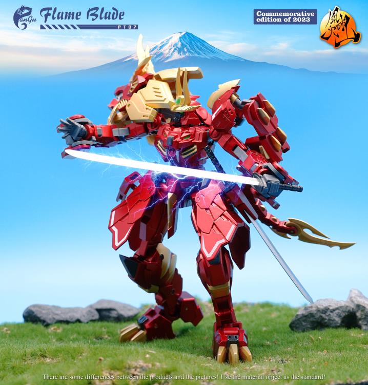 The PT-07 Flame Blade figure presents as a commemorative edition of 2023 from Pangu Toys and can convert from a robot to a lion! Standing just under 6 inches tall, Flame Blade comes with several interchangeable parts and accessories for an even greater arrangement of display opportunities.