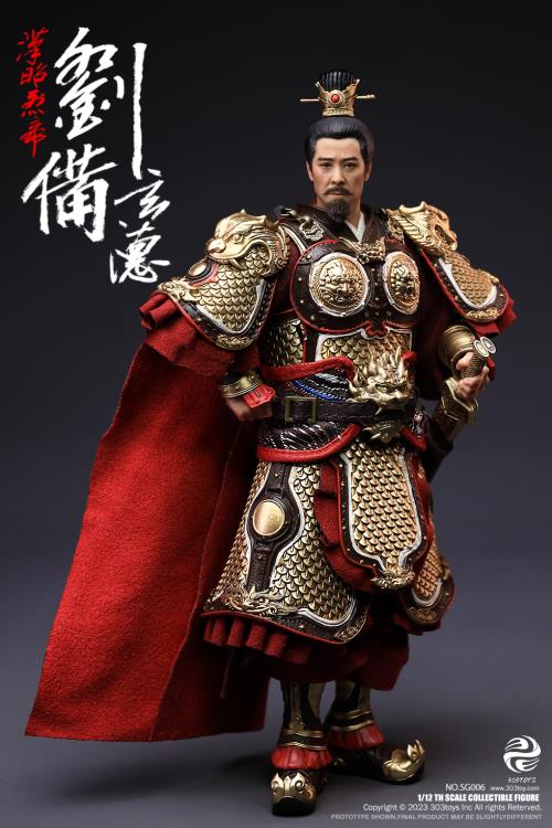 Crush the invading enemies as you defend your homeland with this Liu Bei Xuande figure by 303 Toys! Featuring multiple weapons and accessories, this 1/12 scale figure will be a perfect addition for any collector. Order yours today! The Battlefield Version of this figure includes a war banner and horse for your warrior to ride on.