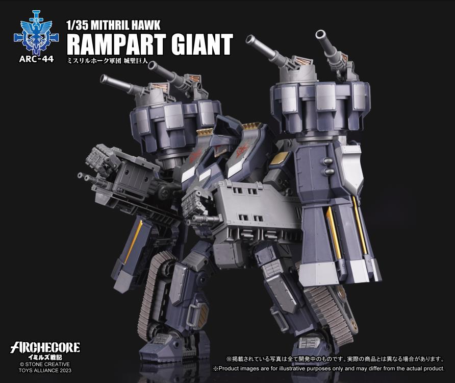 While the Kingdom of Veck places great importance on the versatility of the human form in an Arche-Ymirus mech, the Republic of Karsten’s version of a fortification-type Arche-Ymirus mech, the Rampart Titan, is a mobile fortress.
To catch up in the Arche-Ymirus mech arms race, the Republic of Karsten enacted the “Eagle's Blood Act” to plunder Arche ruins. The act is executed by the Magistrate Narcissus who can deploy elite forces and state-of-the-art technology. The goal was to amass resources early to bui