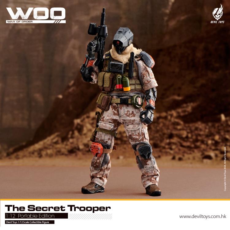 From Devil Toys comes a new line of War of Order figures, this time in 1/12 scale. This Secret Trooper action figure is decked out in a brown camo outfit with tactical armor, including knee armor, a bulletproof vest, and a scarf. The figure comes with a tactical belt, smoke grenades, a knife, a pair of machine pistols, and an assault rifle. Secret Master figure shown not included (sold separately)