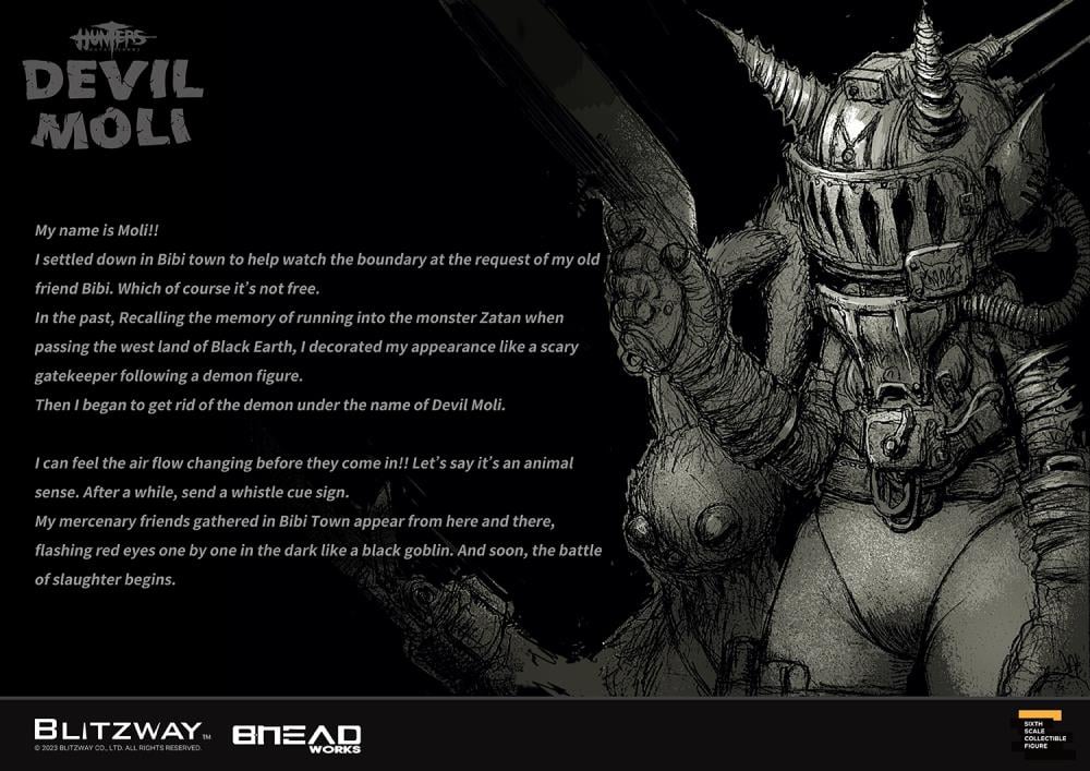 'BLITZWAY is thrilled to share the official launch of the 5th character of BHEADworks’ original figures, ‘Devil Moli’ from ‘HUNTERS: Day After WWIII.’ BHEADworks (Artist Yeon-gyun, Jung) has been loved for its original character design based on the dystopian worldview. The fifth heroine, Devil Moli, is a combat girl who decorates her cute visual like a scary gatekeeper and sensibly notices when an enemy approaches and sends a cue sign with a whistle.