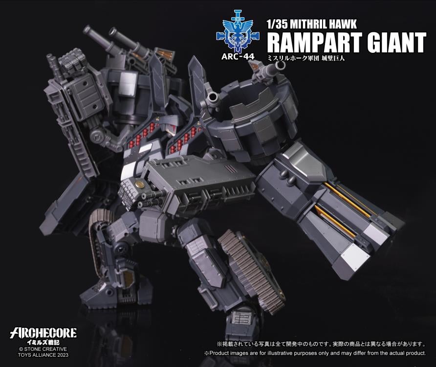 While the Kingdom of Veck places great importance on the versatility of the human form in an Arche-Ymirus mech, the Republic of Karsten’s version of a fortification-type Arche-Ymirus mech, the Rampart Titan, is a mobile fortress.
To catch up in the Arche-Ymirus mech arms race, the Republic of Karsten enacted the “Eagle's Blood Act” to plunder Arche ruins. The act is executed by the Magistrate Narcissus who can deploy elite forces and state-of-the-art technology. The goal was to amass resources early to bui