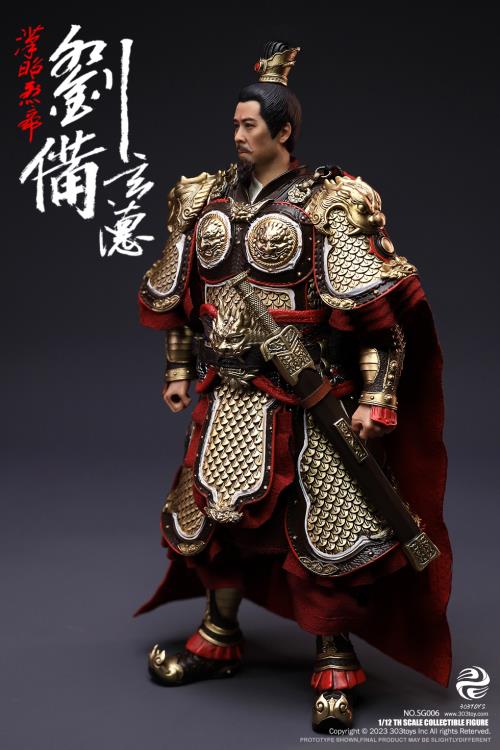 Crush the invading enemies as you defend your homeland with this Liu Bei Xuande figure by 303 Toys! Featuring multiple weapons and accessories, this 1/12 scale figure will be a perfect addition for any collector. Order yours today! The Battlefield Version of this figure includes a war banner and horse for your warrior to ride on.