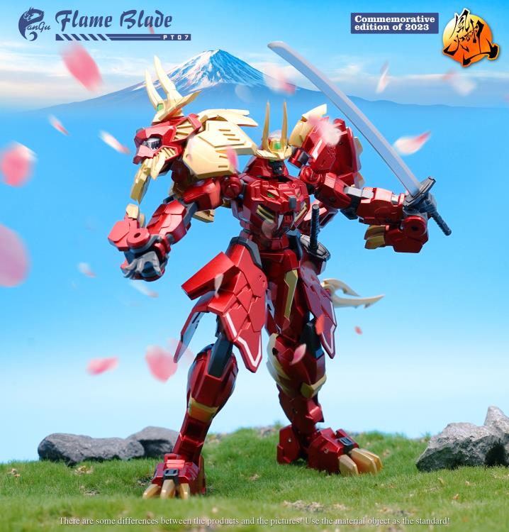 The PT-07 Flame Blade figure presents as a commemorative edition of 2023 from Pangu Toys and can convert from a robot to a lion! Standing just under 6 inches tall, Flame Blade comes with several interchangeable parts and accessories for an even greater arrangement of display opportunities.