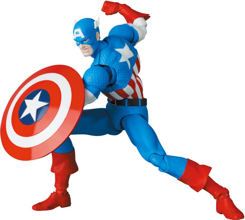 Captain America, as he appeared in the Marvel comics, leaps into Medicom's MAFEX action figure lineup! This Captain America comic figure stands over 6 inches tall, and includes 3 different head sculpts and multiple pairs of hands.