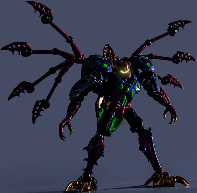 TransArt introduces their new release, BWM-11 Metal Tarantula! Standing at 6.5 inches in robot mode, BWM-11 is Masterpiece Scale and features 4 different modes: Robot, Beast, Motorcycle and Vehicle. BWM-11 also includes 3 mini spider figures. Comes in a metallic finish with die-cast parts.