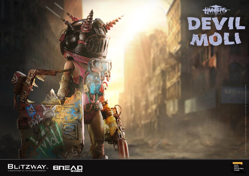 'BLITZWAY is thrilled to share the official launch of the 5th character of BHEADworks’ original figures, ‘Devil Moli’ from ‘HUNTERS: Day After WWIII.’ BHEADworks (Artist Yeon-gyun, Jung) has been loved for its original character design based on the dystopian worldview. The fifth heroine, Devil Moli, is a combat girl who decorates her cute visual like a scary gatekeeper and sensibly notices when an enemy approaches and sends a cue sign with a whistle.