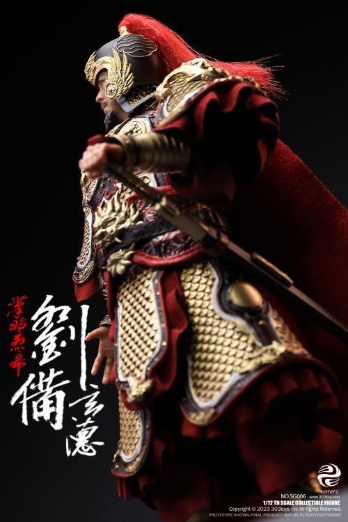 Crush the invading enemies as you defend your homeland with this Liu Bei Xuande figure by 303 Toys! Featuring multiple weapons and accessories, this 1/12 scale figure will be a perfect addition for any collector. Order yours today! The Battlefield Version of this figure includes a war banner and horse for your warrior to ride on.