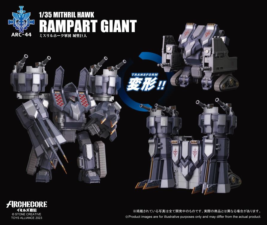 While the Kingdom of Veck places great importance on the versatility of the human form in an Arche-Ymirus mech, the Republic of Karsten’s version of a fortification-type Arche-Ymirus mech, the Rampart Titan, is a mobile fortress.
To catch up in the Arche-Ymirus mech arms race, the Republic of Karsten enacted the “Eagle's Blood Act” to plunder Arche ruins. The act is executed by the Magistrate Narcissus who can deploy elite forces and state-of-the-art technology. The goal was to amass resources early to bui