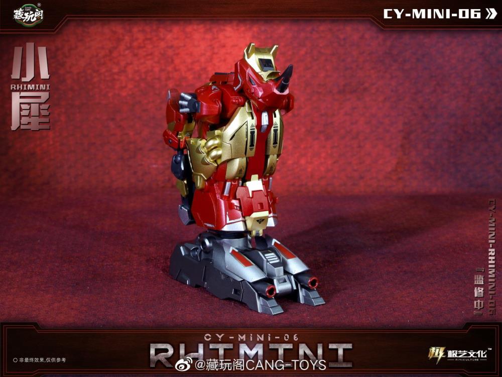 The CY-Mini-06 Rhimini converts into a rhino-like creature from a robot and forms the leg of a mini combining figure. Rhimini stands about 3.75 inches tall in robot mode and comes with a blaster and sword for weapons. CT-Chiyou-06 Hugerhino and other figures shown not included (sold separately)