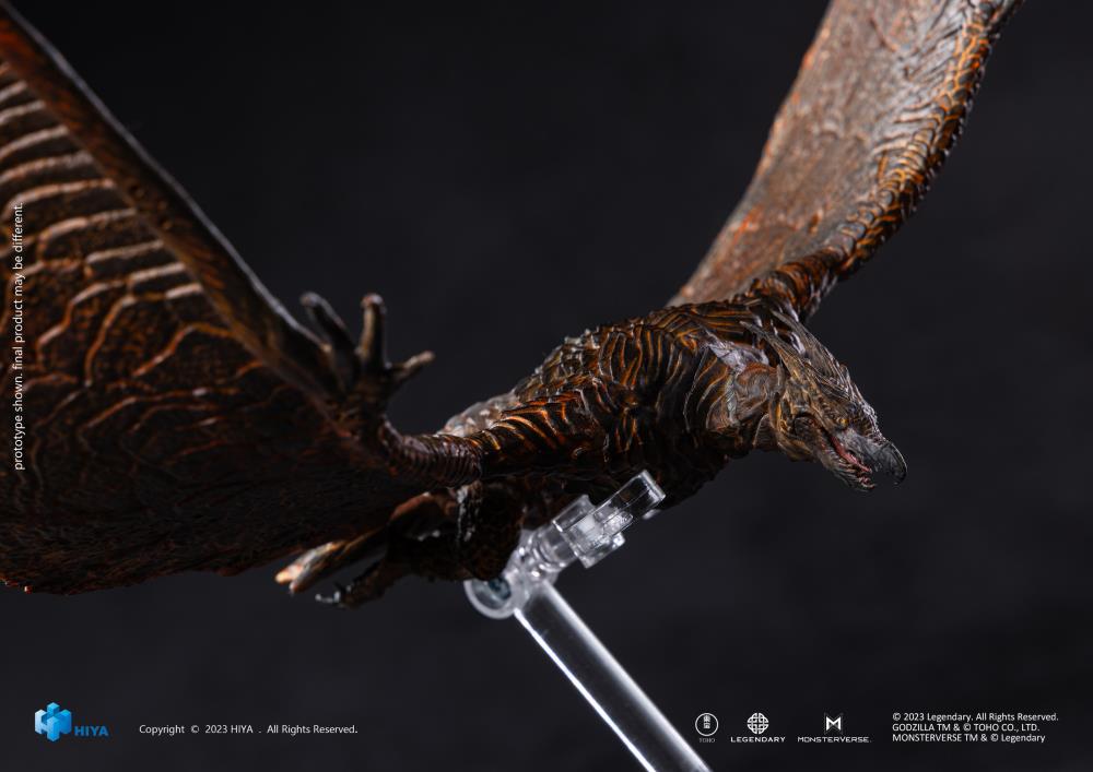 Unleash the awe-inspiring Rodan Flameborn action figure from Godzilla: King of the Monsters (2019) as it joins HiyaToys Exquisite Basic collection! This figure of Rodan vividly captures the fiery essence of the kaiju with multiple layers of paint and fluorescent coatings on the wings and head. With a wingspan of 15.74" and 13 points of articulation, this figure, featuring PVC material and built-in wires, allows dynamic poseability and adjustments to the wing's flying angle.