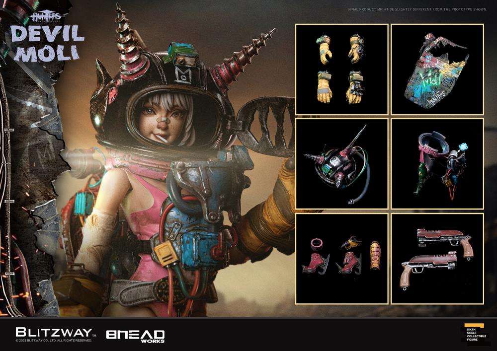 'BLITZWAY is thrilled to share the official launch of the 5th character of BHEADworks’ original figures, ‘Devil Moli’ from ‘HUNTERS: Day After WWIII.’ BHEADworks (Artist Yeon-gyun, Jung) has been loved for its original character design based on the dystopian worldview. The fifth heroine, Devil Moli, is a combat girl who decorates her cute visual like a scary gatekeeper and sensibly notices when an enemy approaches and sends a cue sign with a whistle.