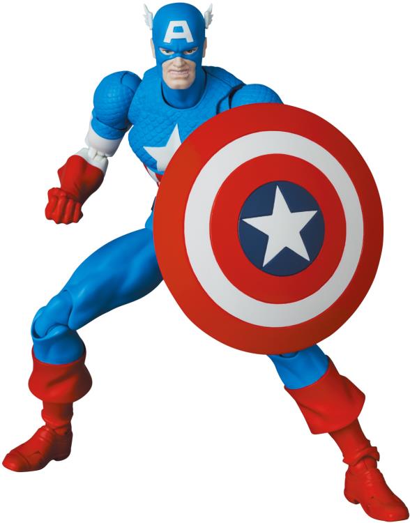 Captain America, as he appeared in the Marvel comics, leaps into Medicom's MAFEX action figure lineup! This Captain America comic figure stands over 6 inches tall, and includes 3 different head sculpts and multiple pairs of hands.