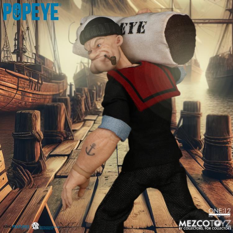 The One:12 Collective Popeye figure includes two masterfully crafted head portraits: a stern stare and a salty glare. Authentically presented in his classic sailor clothing and a removable pea coat, Popeye comes complete with a wide range of accessories including: a functional drawstring duffle bag, a collapsible spy glass, a compass with hinged lid, two spinach cans, three different hats, and two styles of corncob pipes.