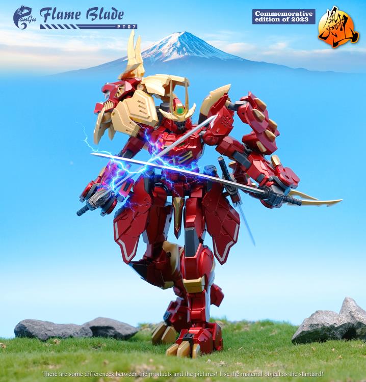 The PT-07 Flame Blade figure presents as a commemorative edition of 2023 from Pangu Toys and can convert from a robot to a lion! Standing just under 6 inches tall, Flame Blade comes with several interchangeable parts and accessories for an even greater arrangement of display opportunities.