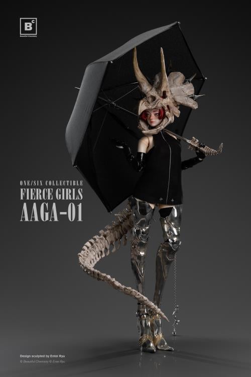 Beautiful Chemistry and artist Entei Ryu have teamed up to create the Fierce Girls Series Bone Girl (Triceratops) 1/6 scale figure. The figure features a woman wearing a black mini-dress, black elbow-length gloves, as well as a triceratops skull and a long bone tail. She is also wearing thigh-length silver armored boots and comes with a bone-handled umbrella, metal chain and dinosaur charms.