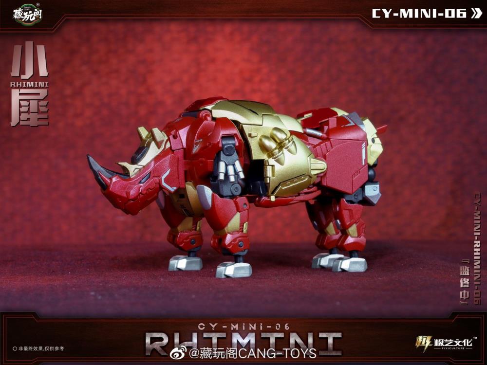 The CY-Mini-06 Rhimini converts into a rhino-like creature from a robot and forms the leg of a mini combining figure. Rhimini stands about 3.75 inches tall in robot mode and comes with a blaster and sword for weapons. CT-Chiyou-06 Hugerhino and other figures shown not included (sold separately)