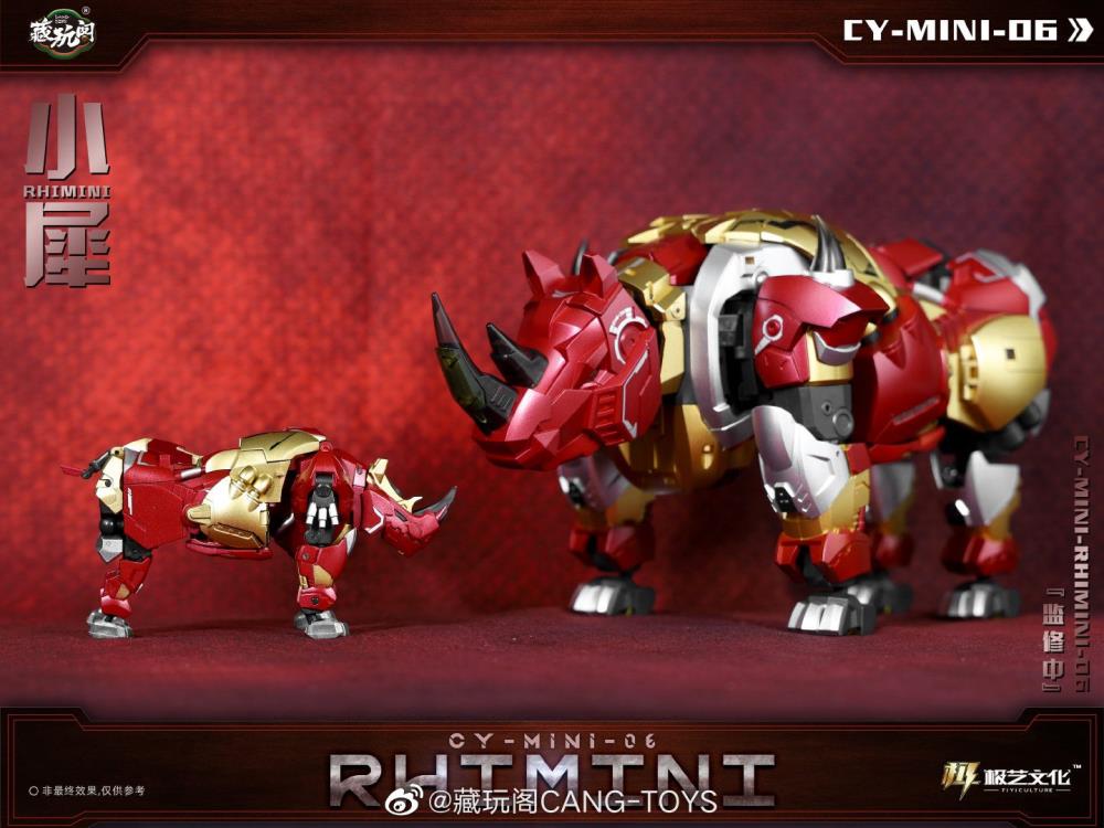 The CY-Mini-06 Rhimini converts into a rhino-like creature from a robot and forms the leg of a mini combining figure. Rhimini stands about 3.75 inches tall in robot mode and comes with a blaster and sword for weapons. CT-Chiyou-06 Hugerhino and other figures shown not included (sold separately)