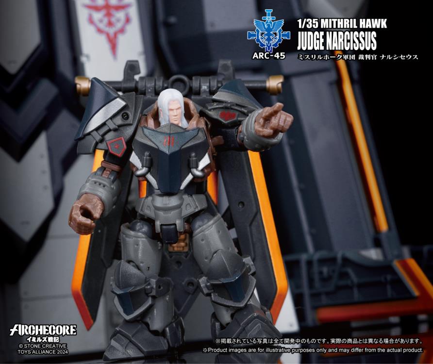 The Arche armor provides warriors with strength, mobility, and protection. The “Sword Saint” Narcissus von Herbst, requires a set of Arche armor that allows him to freely wield his sword skills and carry out the duties of a judge.
The Arche Knight (Judgment Type) was tailor-made for Narcissus’s perfectionism. Firstly, it possesses ceremonial and majestic heavy armor. While it may look bulky from the outside, it is capable of extremely precise slashing(strikes) due to its extremely high power(powered by ene