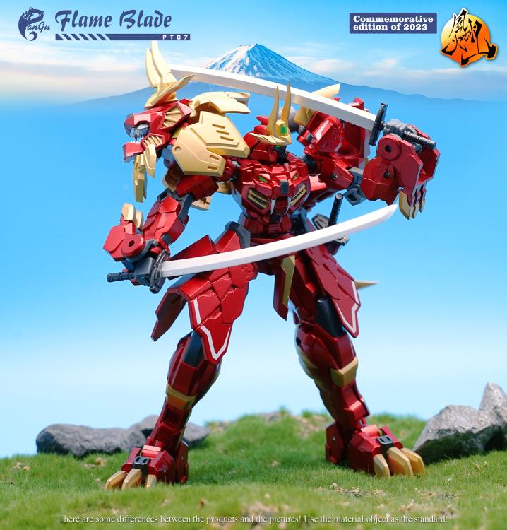 The PT-07 Flame Blade figure presents as a commemorative edition of 2023 from Pangu Toys and can convert from a robot to a lion! Standing just under 6 inches tall, Flame Blade comes with several interchangeable parts and accessories for an even greater arrangement of display opportunities.