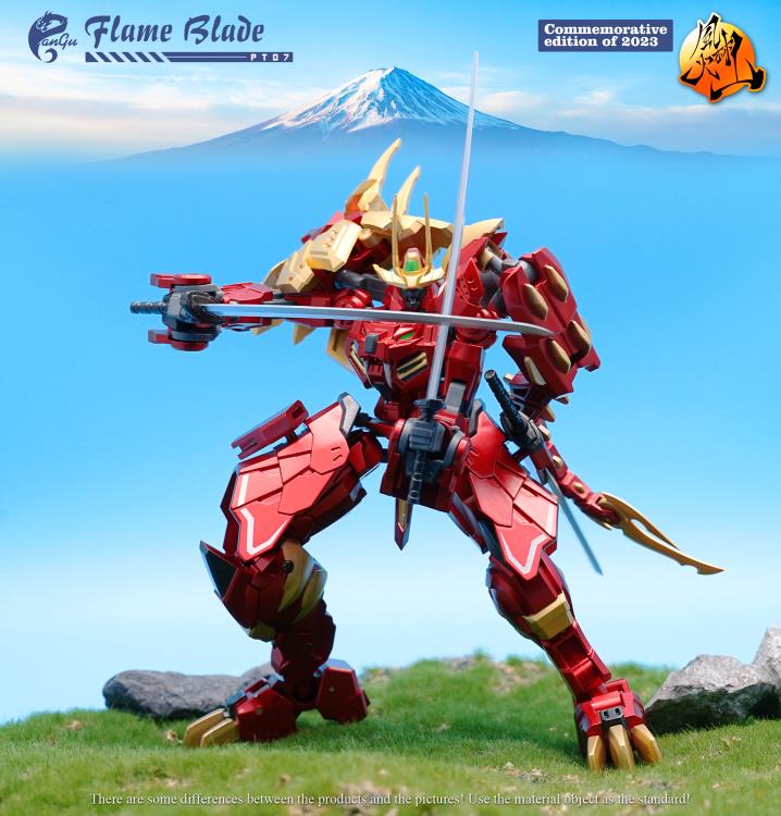 The PT-07 Flame Blade figure presents as a commemorative edition of 2023 from Pangu Toys and can convert from a robot to a lion! Standing just under 6 inches tall, Flame Blade comes with several interchangeable parts and accessories for an even greater arrangement of display opportunities.
