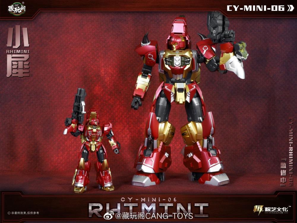 The CY-Mini-06 Rhimini converts into a rhino-like creature from a robot and forms the leg of a mini combining figure. Rhimini stands about 3.75 inches tall in robot mode and comes with a blaster and sword for weapons. CT-Chiyou-06 Hugerhino and other figures shown not included (sold separately)