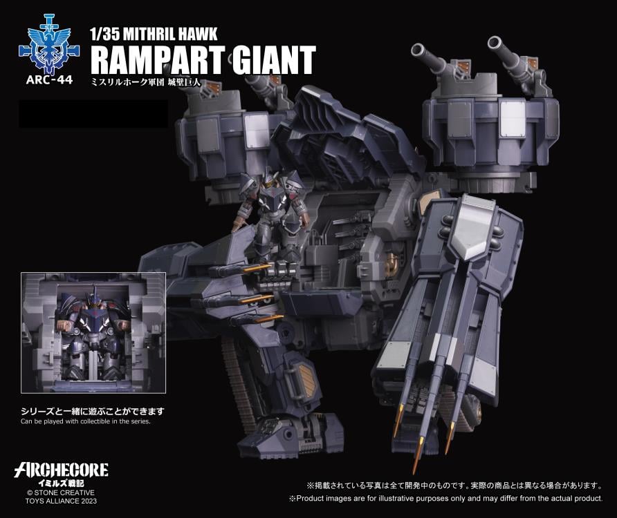 While the Kingdom of Veck places great importance on the versatility of the human form in an Arche-Ymirus mech, the Republic of Karsten’s version of a fortification-type Arche-Ymirus mech, the Rampart Titan, is a mobile fortress.
To catch up in the Arche-Ymirus mech arms race, the Republic of Karsten enacted the “Eagle's Blood Act” to plunder Arche ruins. The act is executed by the Magistrate Narcissus who can deploy elite forces and state-of-the-art technology. The goal was to amass resources early to bui