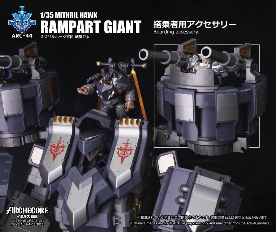 While the Kingdom of Veck places great importance on the versatility of the human form in an Arche-Ymirus mech, the Republic of Karsten’s version of a fortification-type Arche-Ymirus mech, the Rampart Titan, is a mobile fortress.
To catch up in the Arche-Ymirus mech arms race, the Republic of Karsten enacted the “Eagle's Blood Act” to plunder Arche ruins. The act is executed by the Magistrate Narcissus who can deploy elite forces and state-of-the-art technology. The goal was to amass resources early to bui
