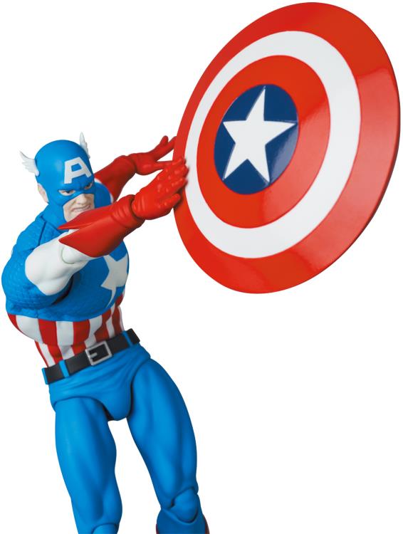 Captain America, as he appeared in the Marvel comics, leaps into Medicom's MAFEX action figure lineup! This Captain America comic figure stands over 6 inches tall, and includes 3 different head sculpts and multiple pairs of hands.