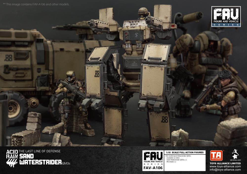 The Sand Waterstrider QM3s is an all-terrain quadrupedal vehicle able to operate autonomously or installed on a trailer pulled by an Ankylo truck, which then frees up Strider drivers to focus exclusively on unloading its heavy firepower turret, providing excellent suppressive fire when supporting the front lines.