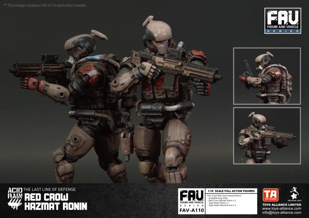 Within the notorious Yamato Gray Zone, known for its heavy acid rain contamination, nuclear fallout, and continuous volcanic eruptions - some of the worst pollution in the world - the Red Crow Hazmat Ronin remain faithful in their allegiance to the Cabinet and Republic. Their enemies include not only the terrorists raging in the hazard zones, but also bandits equipped with CBRN weapons.