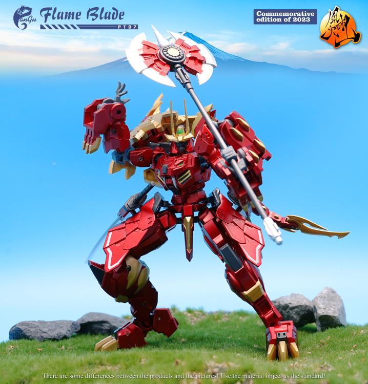 The PT-07 Flame Blade figure presents as a commemorative edition of 2023 from Pangu Toys and can convert from a robot to a lion! Standing just under 6 inches tall, Flame Blade comes with several interchangeable parts and accessories for an even greater arrangement of display opportunities.