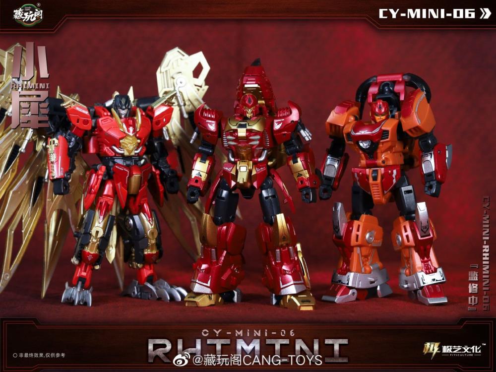 The CY-Mini-06 Rhimini converts into a rhino-like creature from a robot and forms the leg of a mini combining figure. Rhimini stands about 3.75 inches tall in robot mode and comes with a blaster and sword for weapons. CT-Chiyou-06 Hugerhino and other figures shown not included (sold separately)