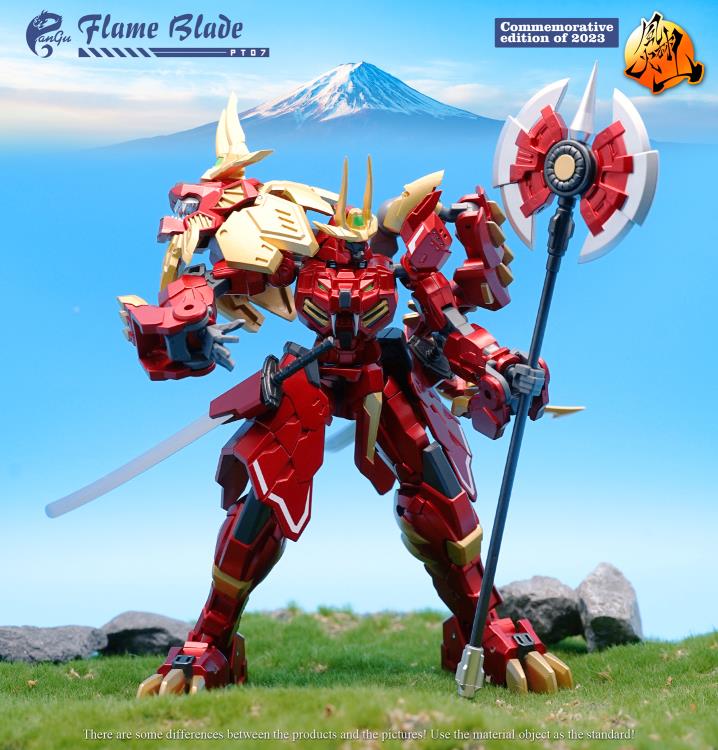 The PT-07 Flame Blade figure presents as a commemorative edition of 2023 from Pangu Toys and can convert from a robot to a lion! Standing just under 6 inches tall, Flame Blade comes with several interchangeable parts and accessories for an even greater arrangement of display opportunities.