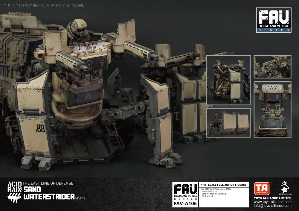 The Sand Waterstrider QM3s is an all-terrain quadrupedal vehicle able to operate autonomously or installed on a trailer pulled by an Ankylo truck, which then frees up Strider drivers to focus exclusively on unloading its heavy firepower turret, providing excellent suppressive fire when supporting the front lines.